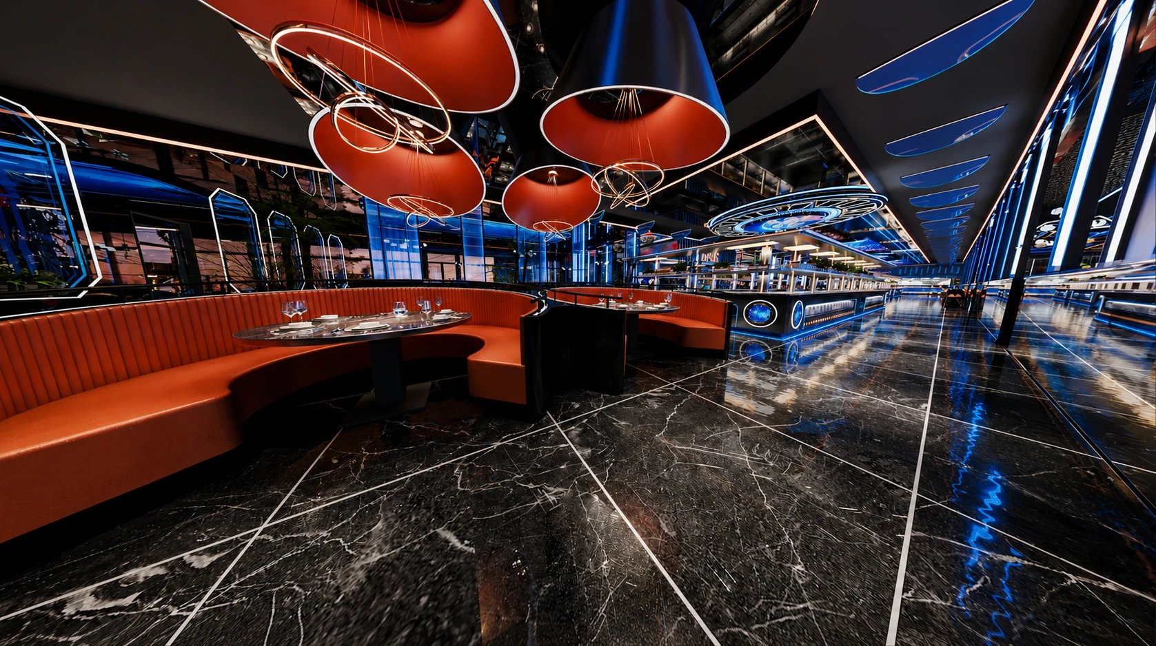 Banquettes du restaurant Wok Savigny avec suspensions lumineuses